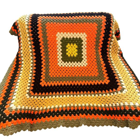 Handmade Retro Granny Square Crochet Blanket 80x70 – Orange Olive Tan - Picture 1 of 13